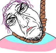 angry bloodshot_eyes closed_mouth crying flag:transgender_pride_flag frown glasses hanging lips open_mouth punisher_face rope soyjak stubble suicide tongue tranny trans transgender_flag troon variant:bernd white_background // 768x719 // 98.4KB