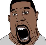 beard black_skin clothes ear grey_eyes hair kanye_west open_mouth soyjak tshirt variant:cobson // 739x720 // 20.7KB