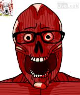 2soyjaks arm badge blood blood_from_eyes blood_from_forehead blood_on_face bloodied_teeth deep_wound exposed_bone exposed_muscle glasses gore hand horror liveleak meta:tagme muscles no_nose open_mouth recursion skinned_face skull stubble teeth teeth_showing variant:nojak variant:ppp // 443x523 // 40.7KB