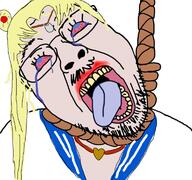 anime bloodshot_eyes blue_eyes clothes crying female glasses hair hanging long_hair mustache necklace open_mouth rope sailor_moon soyjak stubble suicide tongue variant:bernd white_skin yellow_hair yellow_teeth // 768x719 // 423.1KB