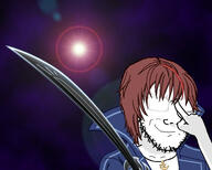 07th_expansion amulet anime brown_hair closed_mouth clothes glasses glowing glowing_glasses hair hand light smile smirk smug soyjak space stubble sword umineko variant:soyak video_game void willard_h_wright // 1461x1169 // 247.0KB