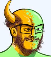 biz_(4chan) bull ear glasses gold green_skin hair horn nose_piercing soyjak variant:nujak // 1000x1102 // 437.3KB