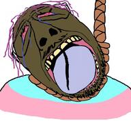 ack brown_skin brown_troonjak distorted flag flag:transgender_pride_flag glasses open_mouth purple_hair rope soyjak stubble tranny variant:bernd // 768x719 // 66.3KB
