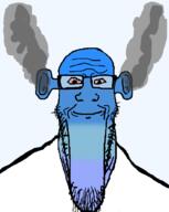 angry bald bloodshot_eyes blue blue_skin calm closed_mouth ear fume glasses ogre_ears seethe smoke soyjak stretched_chin stubble subvariant:longplier template variant:markiplier_soyjak // 823x1030 // 42.6KB