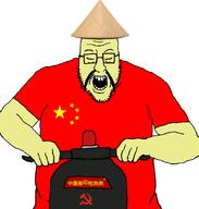 asian blart buck_teeth china chinese_communist_party chinese_text clothes communism flag:china glasses hammer_and_sickle hat mustache open_mouth scooter slant_eyes soyjak stubble variant:blartjak yellow_skin // 876x921 // 101.7KB