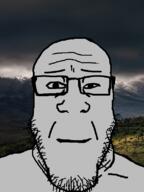 closed_mouth cloud glasses grass irl_background looking_at_you mountain neutral plant river sky smile soyjak stubble subvariant:neutralplier variant:markiplier_soyjak water // 600x800 // 167.1KB