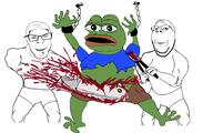 2soyjaks arm blood chainsaw closed_mouth clothes crying frog full_body glasses gore hand hanging holding_chainsaw holding_object leg open_mouth pepe smile soyjak stubble subvariant:wholesome_soyjak tshirt underpants variant:feraljak variant:gapejak // 5554x3472 // 757.9KB