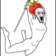bloodshot_eyes clothes crying food foodjak fruit full_body glasses hat holding_object holding_sword jump open_mouth soyjak strawberry stubble subvariant:pettygod sword variant:soyak weapon // 1024x1024 // 178.6KB