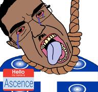 ack ascence_(user) bloodshot_eyes brown_skin crying dark_hair flag:quebec_india glasses hanging hello_my_name_is_(sticker) meta:namefags moustache mouth_open rope subvariant:patrick text thick_eyebrows tongue variant:chudjak white_background wrinkles yellow_teeth // 768x719 // 370.8KB