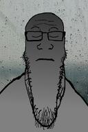 closed_eyes closed_mouth droplet glass glasses gradient grey grey_skin overcast rain sad stubble subvariant:neutralplier variant:markiplier_soyjak water window // 2121x3181 // 2.0MB