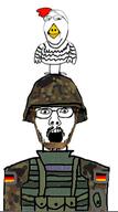2soyjaks animal badge camouflage chicken clothes flag flag:germany flecktarn_pattern full_body germany glasses helmet military name_tag open_mouth smile soyjak stubble subvariant:wholesome_soyjak text uniform variant:gapejak variant:unknown // 301x542 // 92.9KB