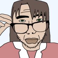 anime azumanga_daioh brown_hair closed_mouth clothes female glasses green_eyes hair hand holding_object soyjak stubble variant:sobot white_skin // 548x548 // 15.8KB