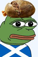 amphibian bald britain british closed_mouth clothes country europe european flag flag:scotland food frog green_skin haggis irl lips looking_at_you nas:pepe neutral pepe_the_frog scotland scottish series:pepe_hat tshirt united_kingdom // 1008x1479 // 738.3KB