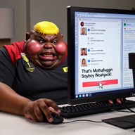 ai_but_not_completely_ai_doe award ban big_lips big_nose black_skin blond blush character:hunky clothes computer ext=mp4 eyebrows fat hair janny keyboard monitor mouse open_eyes realistic series:fusionjaks soyjak_party subvariant:branigger subvariant:fat_alicia subvariant:hunky_twink_sex_machine variant:alicia variant:brandon video white_background woahjack // 560x560, 6s // 1.3MB