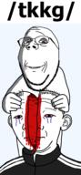 2soyjaks arm bisected blood bloodshot_eyes closed_mouth crying ear frown glasses gore hair hand murder ominous smile soyjak stubble subvariant:wholesome_soyjak text track_suit variant:gapejak variant:kuzjak // 784x1700 // 170.3KB