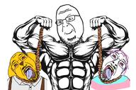 3soyjaks arm bloodshot_eyes buff clothes crying dead dog ear flag glasses hair hand hanging holding_object holding_rope janny lynching mustache no_eyebrows open_mouth purple_hair rope soyjak stubble suspenders tongue tranny variant:bernd variant:shotjak yellow_skin yellow_teeth // 1000x663 // 341.8KB