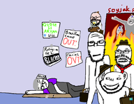 admin_6 artist:ploot bag blacked burning caca cardboard clothes door fire gill_koyim_(namefag) glasses hat help laying_down pacifier paper quote_(user) sharty soyjak_party soyjak_wiki stubble tape variant:gapejak variant:impish_soyak_ears variant:markiplier_soyjak variant:soyak // 819x641 // 74.5KB