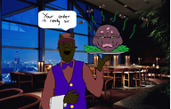 disgusted food jartyfly jimbo_(namefag) meta:namefags niko_(oneshot) restaurant smell speech_bubble trend:slopjak trevor_(user) variant:alicia variant:disgusting_trevorcreature waiter // 4044x2594 // 2.7MB