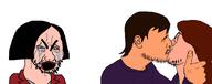 3soyjaks bloodshot_eyes blue_eyes blue_shirt crying cuck daria female glasses green_shirt hair jane_(daria) kiss red_shirt stubble tom_sloane variant:cryboy_soyjak variant:fisheyejak variant:flartson // 2161x855 // 191.7KB