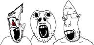 3soyjaks beard deformed_trio glasses hair looking_at_you mustache open_mouth red_eyes slop_trio soyjak subvariant:brunetto trio variant:bernd variant:parrotjak variant:sloppy // 1226x588 // 44.0KB