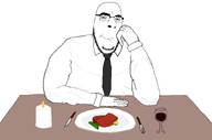 blush candle cant_draw_award clothes dinner food fork hands_on_face knife lemon necktie plate poorly_drawn shirts smile steak suit variant:cobson white_background wine // 3384x2232 // 280.9KB
