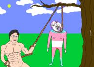 blood bloodshot_eyes buff closed_mouth crying drawn_background glasses hair hanging holding_object holding_rope lynching matrix matthew mustache naked neovagina open_mouth purple_hair soyjak stubble tongue tree variant:bernd white_skin yellow_teeth // 2100x1500 // 503.0KB