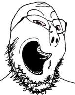 bloodshot_eyes distorted glasses happy open_mouth soyjak stubble variant:gapejak // 600x760 // 11.8KB