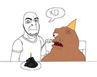 bald beard birthday birthday_cake birthday_hat blob bloodshot_eyes brown_skin candle chair clothes coal confused glasses happy monster plate shitskin speech_bubble table text variant:cobson yellow_teeth // 1600x1281 // 154.6KB