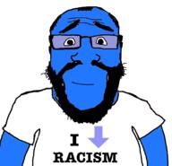 anti_racism arm balding beard blue_skin calm closed_mouth clothes downvote glasses hair i_hate racism reddit smile soyjak subvariant:science_lover text tshirt variant:markiplier_soyjak // 816x785 // 73.1KB