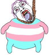 ack bloodshot_eyes crying fat flag full_body glasses hanging mustache purple_hair soyjak stubble tongue tranny variant:bernd // 1208x1346 // 73.1KB