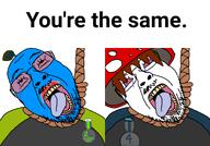 2soyjaks ack artist:gapenewell bloodshot_eyes blue_skin brown_hair crying hanging leaf nose open_mouth rope shroom soyjak_blog soyjak_forum stubble tear tongue variant:bernd white_skin yellow_teeth you're_the_same // 960x669 // 136.5KB