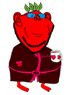 admin arm bathrobe broot brootal_(designer_brand) ear eyebrows finger food foot full_body glasses hand heart leaf looking_at_you mug red_skin smile smiley_face stubble tinted_glasses transparent_background variant:impish_soyak_ears vegetable // 622x849 // 23.2KB