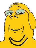 dog double_chin ear fat glasses janny smile soyjak stubble subvariant:wholesome_soyjak variant:gapejak yellow // 600x800 // 16.5KB