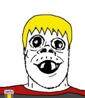 baby badge clothes deformed glasses nate open_mouth soyjak soyjak_party stubble subvariant:jacobson text variant:a24_slowburn_soyjak yellow_hair // 454x520 // 18.0KB