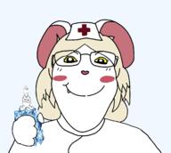 arm blond clothed crossed_arms ear female full_body gem glasses hand holding_object leg medical mouse nurse nurse_hat nurse_uniform red_cross sitting smile soyjak stubble subvariant:gapejak_female subvariant:wholesome_soyjak terrible_mouse upper_torso variant:gapejak white_fur yellow_sclera // 1700x1525 // 170.2KB