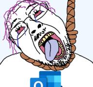 bloodshot_eyes crying dead email glasses hair hanging microsoft microsoft_outlook mustache open_mouth outlook purple_hair rope soyjak stubble suicide tongue tranny transparent_background variant:bernd yellow_teeth // 768x719 // 74.5KB
