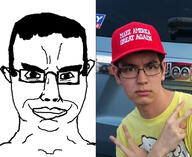 closed_mouth clothes comparison ear glasses hair hand irl maga patrick_crusius smile smug soyjak subvariant:chudjak_front variant:chudjak white_skin // 763x622 // 211.5KB