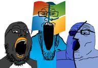 3soyjaks apple bald eyebrows glasses linux logo mac_os microsoft nose open_mouth operating_system penguin series:trios_&_duos stretched_mouth stubblee trio variant:gapejak variant:markiplier_soyjak variant:tony_soprano_soyjak white_background windows wrinkles // 828x581 // 77.2KB