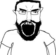 angry arm beard clothes ear glasses hair merge open_mouth soyjak subvariant:chudjak_front subvariant:science_lover tshirt variant:chudjak variant:markiplier_soyjak // 800x789 // 27.5KB