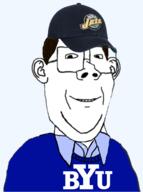 baseball_cap basketball blue_shirt brigham_young_university brown_hair cap christianity clothes collared_shirt double_chin ear glasses grin hair happy hat looking_at_you mormonism school smile soyjak sweater transparent_background university utah utah_jazz variant:protestantjak // 990x1326 // 418.4KB