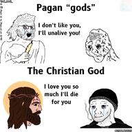 artist:@templarpilled bloodshot_eyes christianity cigarette comparison crying doomer english_text gem_alert jesus_christ looking_at_each_other nordic_chad paganism soyjak text toss unalive variant:ppp variant:soyak variant:wojak watermark wojak zeus // 1080x1080 // 121.4KB