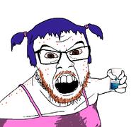 acne angry arm blue_hair brown_mustache brown_stubble clothes glasses hair hand holding_object hrt meds mustache open_mouth soyjak stubble tranny variant:feraljak // 800x750 // 55.9KB