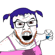 acne angry arm blue_hair brown_mustache brown_stubble clothes glasses hair hand holding_object hrt meds mustache open_mouth soyjak stubble tranny variant:feraljak // 800x750 // 55.9KB
