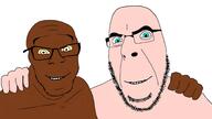 arm black_skin blue_eyes closed_mouth friendship glasses grin hugging looking_at_you no_more_brother_wars smile soyjak stubble teeth variant:cobson variant:feraljak white_skin yellow_sclera // 3840x2160 // 2.0MB