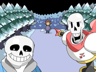 bald black_sclera brimstone clothes frisk glove hand jacket looking_at_you open_mouth papyrus pointing sans skeleton smile snow teeth tree undertale variant:two_pointing_soyjaks white_pupils winter // 498x374 // 75.7KB