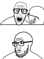 2soyjaks angry glasses open_mouth soyjak stubble variant:nerdjak // 739x987 // 97.1KB
