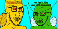 2soyjaks antennae bug concerned green_skin greentext meta:me_on_the_right no_pupils orangetext red_eyes variant:soyak wing yellow_skin // 1606x804 // 53.3KB