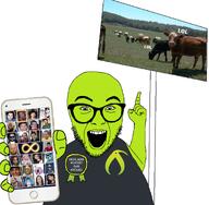 award badge bald beard black_shirt chris-chan cow glasses green_skin hand holding_object holding_phone kiwifarms lolcow medal open_mouth pointing sign stubble subvariant:phoneplier_vertical variant:abortion_lover // 1218x1193 // 842.7KB