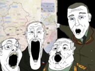 4soyjaks arm blue_eyes clothes collar_tabs ear flag general glasses grey_hair hand military military_uniform multiple_soyjaks mustache old open_mouth pointing redraw russia russo_ukrainian_war soyjak trend:soyjak_trio ukraine uniform variant:gapejak variant:markiplier_soyjak variant:tony_soprano_soyjak variant:two_pointing_soyjaks vladimir_putin yellow_teeth // 708x530 // 470.2KB