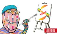 arm art artist blue_hair brush canvas closed_mouth cyrillic_text easel glasses grin hair hand holding_object lebedev logo paintbrush patternjak smile smirk soyjak stubble subvariant:wholesome_soyjak teeth text trend:colorjak variant:gapejak // 1480x900 // 828.2KB